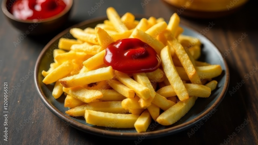 French fries with ketchup are on a plate French fries with ketchup are on a plate