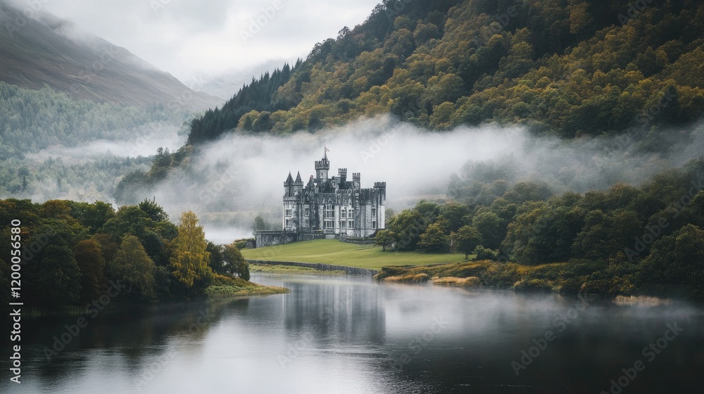 Fototapeta premium Misty Mountain Castle Beside Tranquil River Landscape