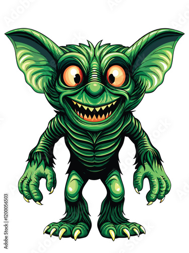 Design a mischievous gremlin-like monster with sharp claws, a toothy grin, and glowing red eyes.