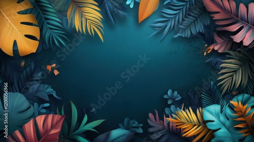 Vibrant tropical leaves frame a dark teal background.