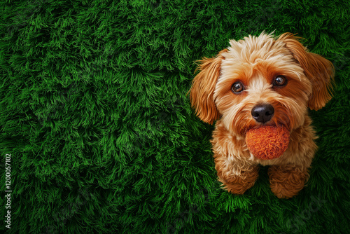 A playful Maltipoo holding a small toy in its mouth while sitting on a lush green lawn.