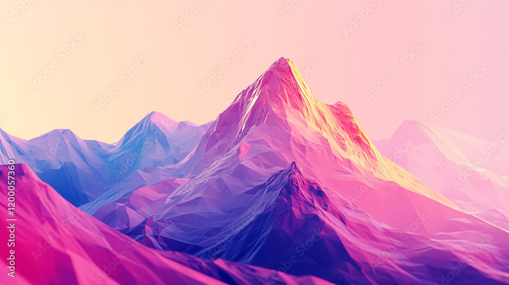 Fototapeta premium Colorful mountain landscape at sunrise with abstract geometric shapes and warm tones