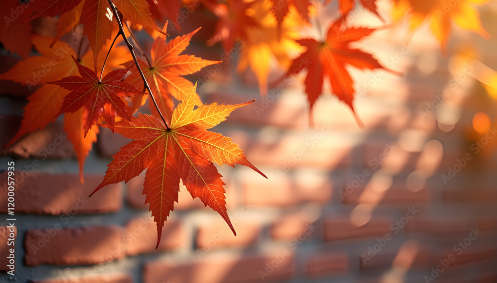 Vibrant orange maple leaves against a brick wall, autumn atmosphere, soft focus, copy space Vibrant orange maple leaves against a brick wall, autumn atmosphere, soft focus, copy space