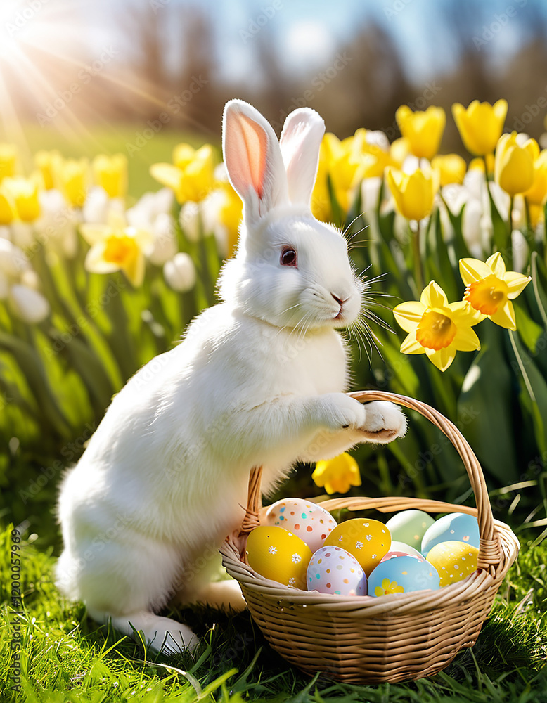 Fototapeta premium A vibrant Easter scene: A blooming spring garden with colorful Easter eggs, a cheerful bunny, children playing joyfully, and radiant sunshine – the perfect harmony of happiness and nature