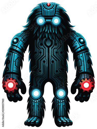 Design a menacing monster with a technological aesthetic, incorporating intricate circuit board patterns into its body.