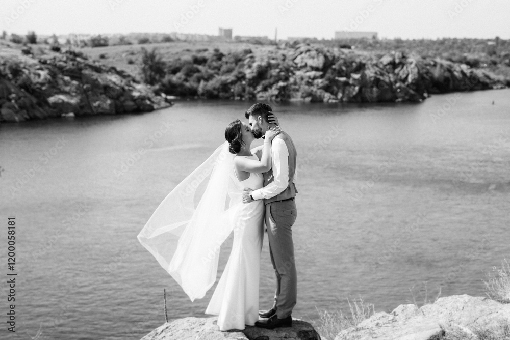 bride blonde girl and groom near the river