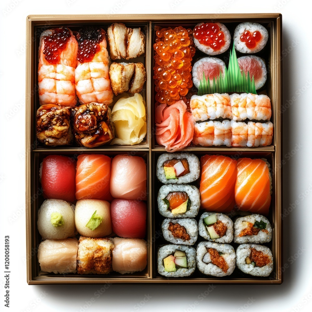 Sushi presented in a Bento box with other Japanese delicacies, isolated on white Sushi presented in a Bento box with other Japanese delicacies, isolated on white