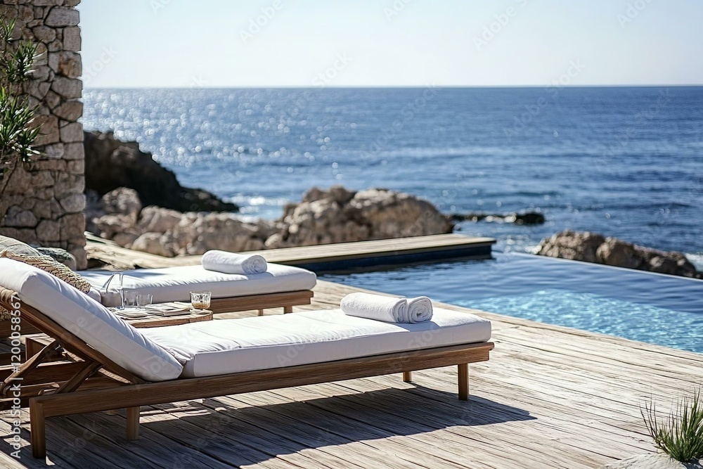 Fototapeta premium From sunbed on sundeck of luxury beach hotel with a pool panoramic view of sparkling sea and golden sandy shore stretches out before you creating an idyllic setting for a vacation home or hotel stay