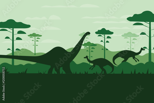 Vector illustration of silhouette of dinosaurs on the Jurassic period landscape with mountains, volcano and tropical plants in flat cartoon style.
