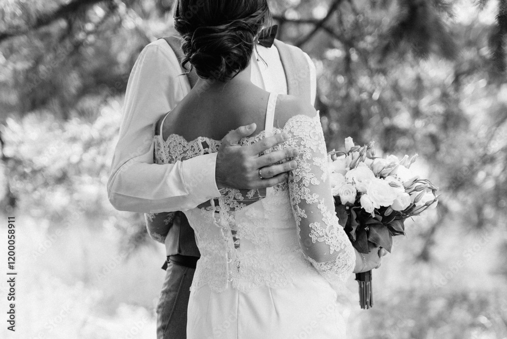 guy and a girl newlyweds are walking in the forest