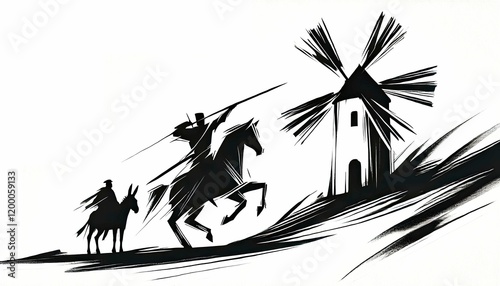 Minimalist Silhouette of Don Quixote and Windmills in Black and White
