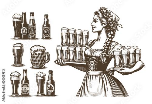 Vintage Oktoberfest Waitress Woman, Retro Beer Illustrations for Bars, Breweries, and Advertising Designs