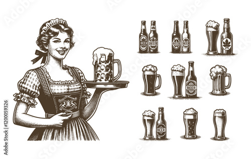 Vintage Oktoberfest Waitress Woman, Retro Beer Illustrations for Bars, Breweries, and Advertising Designs