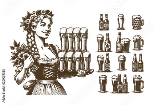 Vintage Oktoberfest Waitress Woman, Retro Beer Illustrations for Bars, Breweries, and Advertising Designs