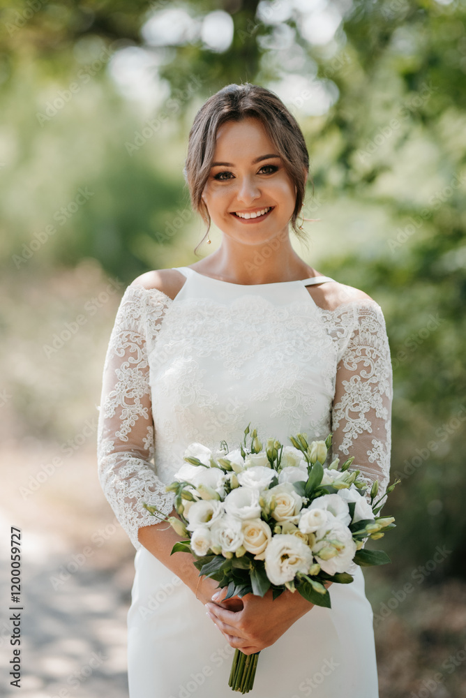 young girl in a beautiful tight dress with a bouquet