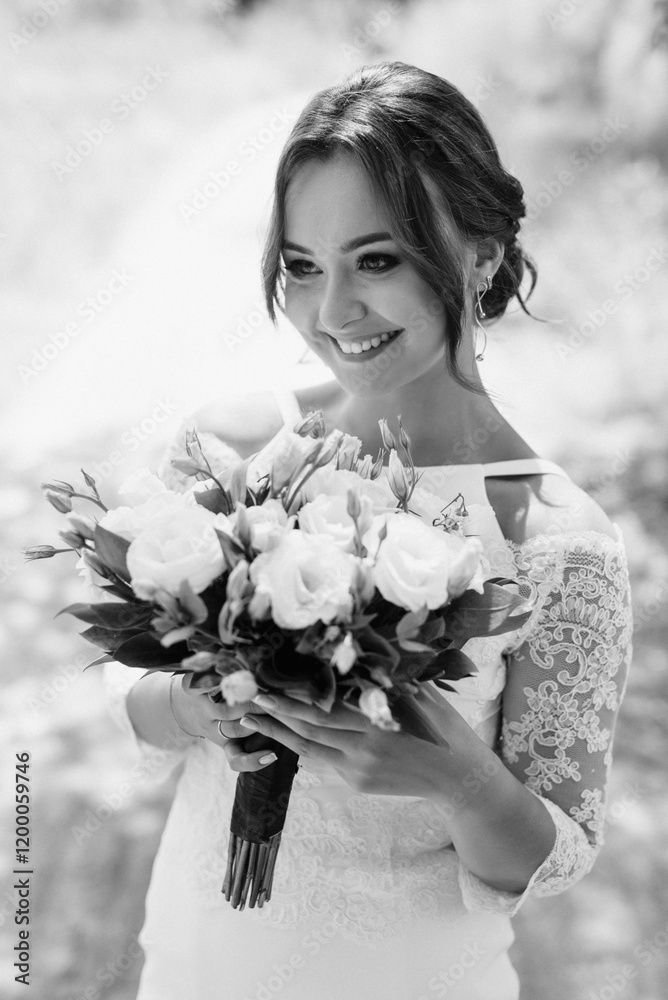 young girl in a beautiful tight dress with a bouquet