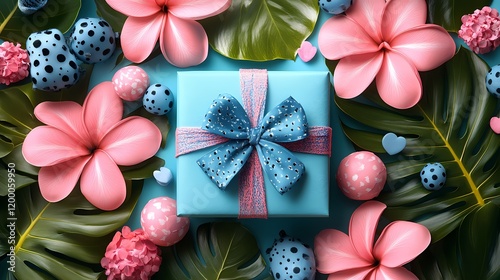 Festive gift wrapping with colorful decorations and tropical foliage on a bright background photo