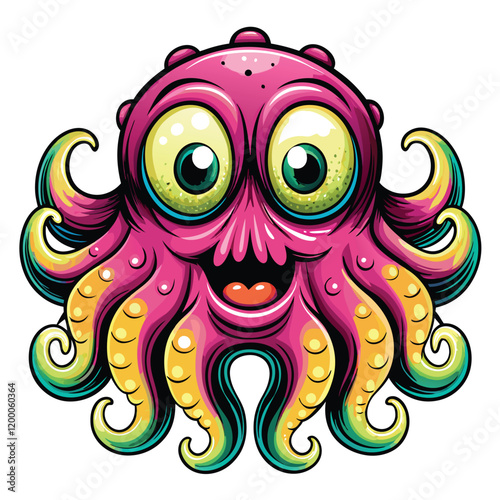 Draw a chubby, tentacled monster with big, round eyes and a mischievous grin.