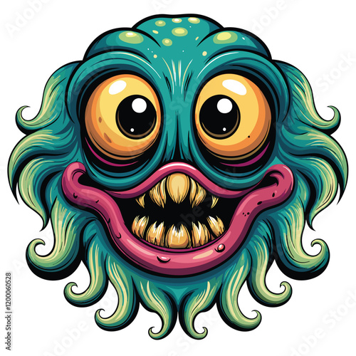 A cheerful, chubby monster with multiple tentacles and large, round eyes.  It should have a goofy expression and be brightly colored.