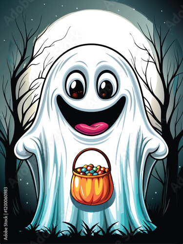 A friendly, translucent ghost with a wide, toothy grin holding a bag of candy, with a mischievous glint in its eyes, against a backdrop of a moonlit graveyard.