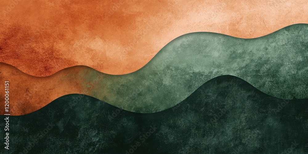 Earthy gradient from deep forest green to terracotta with irregular organic shapes and layered noise texture for a natural, textured style