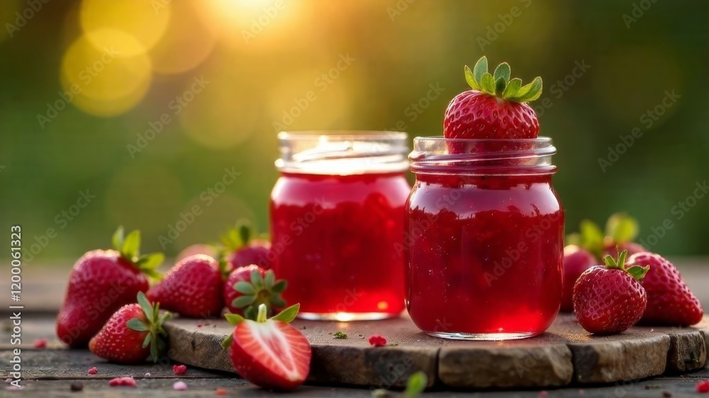 strawberry jam on a wooden stand. delicious homemade jam strawberry jam on a wooden stand. delicious homemade jam