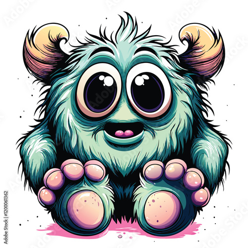 A fluffy, playful monster with big, floppy feet, grinning mischievously.