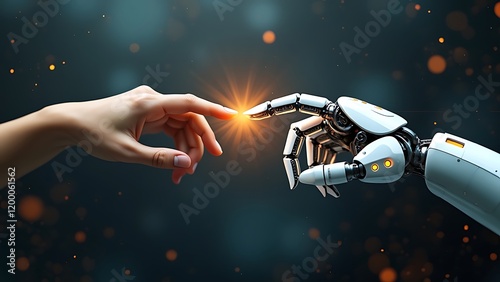 A Human helping hand Robot digital version, Touching virtual world, touch the finger of human on a dark blue background, artificial intelligence technology	
