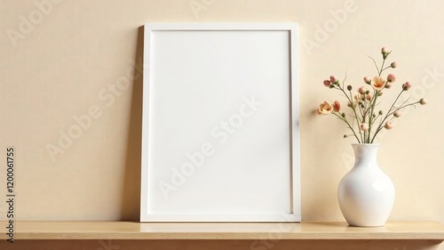 white frame for text mockup with white vase and ears of dry wheat in it