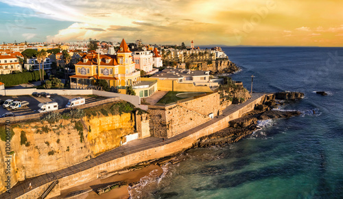Portugal travel , scenic places. Estoril coastal town over sunset, Aerial drone view . popular tourist destination near Lisbon