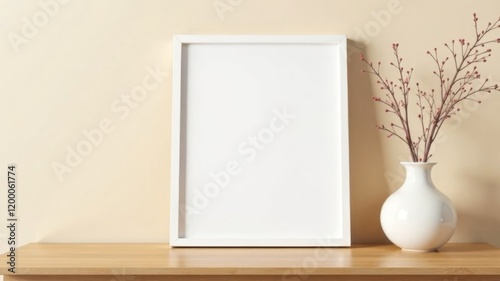 white frame for text mockup with white vase and ears of dry wheat in it