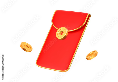 3d Chinese red money envelope with golden accents and flying China coins. Asian festival element. Chinese New Year concept. Stock vector illustration on isolated background.