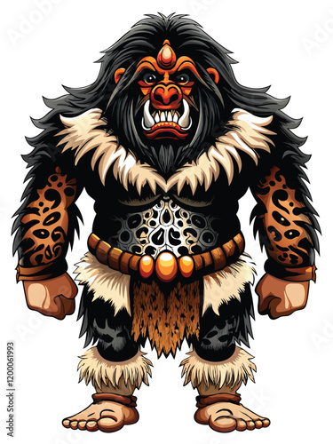 A fearsome warrior monster with tribal tattoos, wielding an imposing weapon. photo