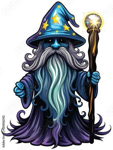 A monstrous wizard with a pointed hat adorned with glowing stars, emanating magical energy.