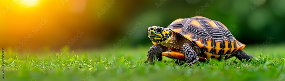 Stunning Exotic Turtle Walking on Green Grass at Sunset Stunning Exotic Turtle Walking on Green Grass at Sunset