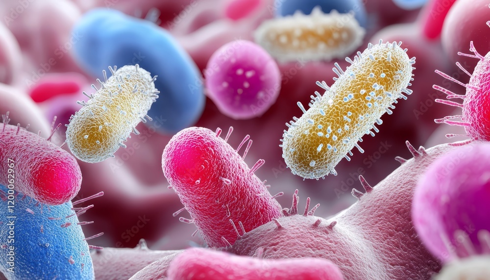 A colorful, close-up view of various bacteria, showcasing their intricate shapes and structures in vibrant hues. A colorful, close-up view of various bacteria, showcasing their intricate shapes and structures in vibrant hues.