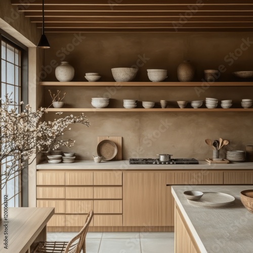 Minimalist Modern Kitchen With Earthy Tones And Wooden Accents