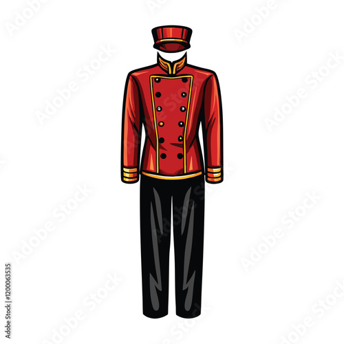 A classic hotel bellhop uniform, featuring a bright red jacket with gold buttons. The jacket is worn with crisp white trousers and a black bow tie.