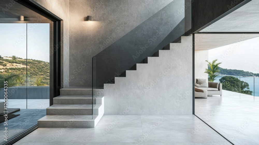 Fototapeta premium Modern Interior Staircase Design With Ocean View