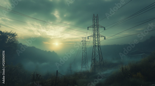 network of high-voltage power lines stretching across a misty countryside