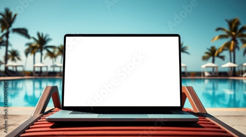 Laptop with blank screen by a resort pool. Perfect for showcasing your website or app design in a relaxing tropical setting.