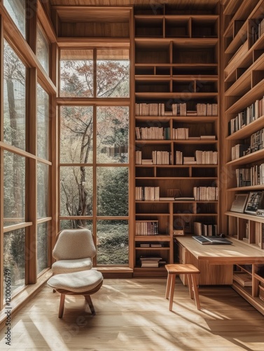 Serene Wooden Study with Large Window and Bookshelves