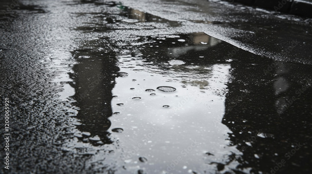 Obraz premium Rainwater puddle reflects distorted building shapes on asphalt
