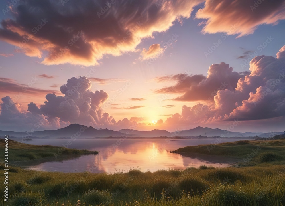 Peaceful landscape with a serene sunset sky and gentle clouds, serene environment, atmospheric conditions Peaceful landscape with a serene sunset sky and gentle clouds, serene environment, atmospheric conditions