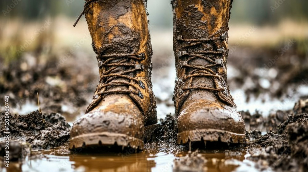 Mud Covered Boots In A Puddle Of Water Mud Covered Boots In A Puddle Of Water