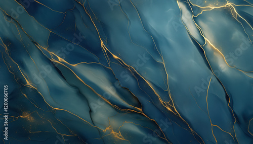 Soft, deep blue marble texture with gold veins, polished stone backgroung, fluid surface, abstract painting