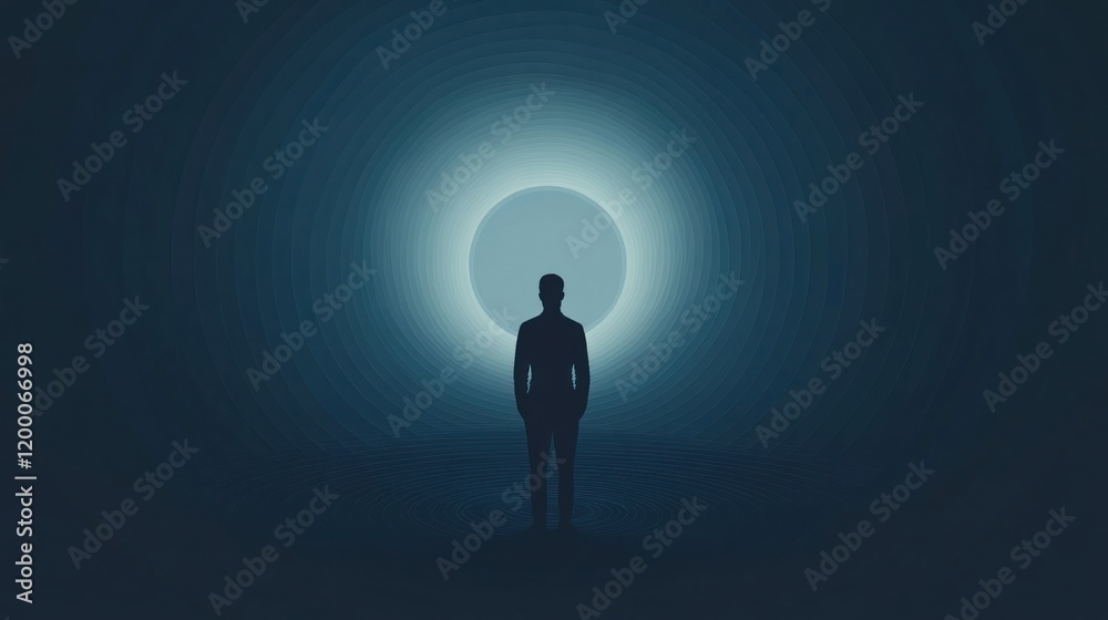 Silhouette of man facing bright circular light in dark tunnel. Silhouette of man facing bright circular light in dark tunnel.