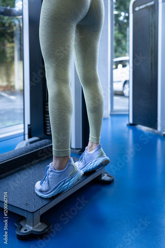 Female legs performing standing calf raises on blue gym floor, focusing on muscle strength and lower body fitness training with step platform