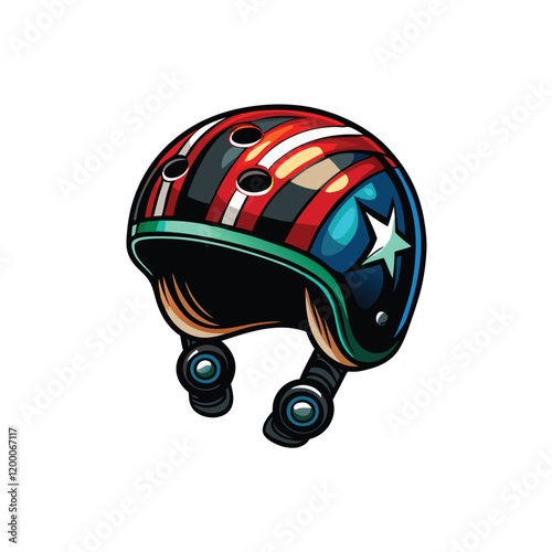 Create a vibrant and visually striking illustration of a roller derby helmet, featuring bold colors and a dynamic design.