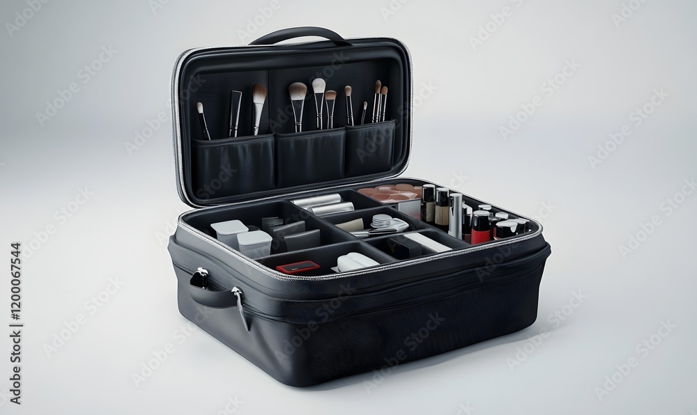 Open black makeup case with various cosmetics and brushes. Open black makeup case with various cosmetics and brushes.